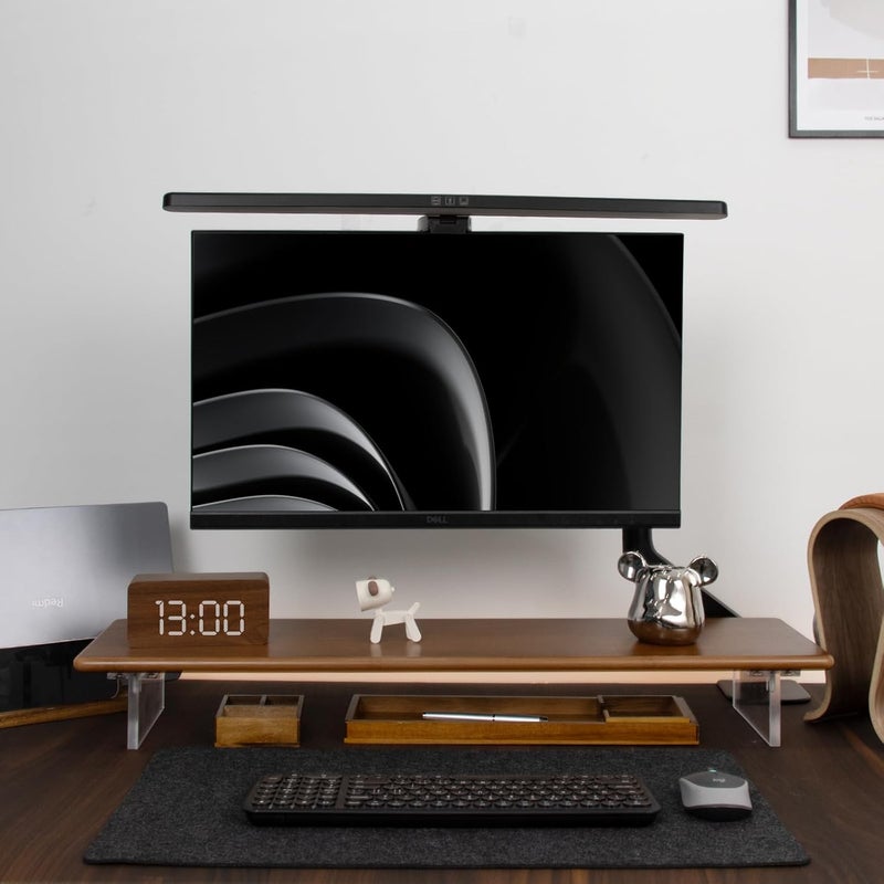 ROCDEER Bamboo Monitor Stand Riser with Acrylic Legs for Desk, 31.5 Inches Desktop Shelf Supports for PC Computer Monitor, Laptops, Printer, Speakers (Brown) - Image 1